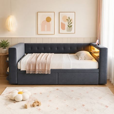 CHICFURN Cama 90x190 cm de franela gris oscuro con LED, enchufe y gran almacenaje (1/5)