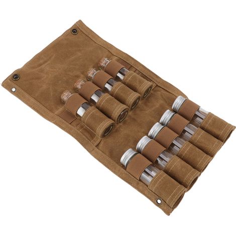 Sac à épices en toile cirée, sac de rangement portable pour épices avec 9 flacons en verre, couleur kaki, idéal pour le camping et les activités de plein air. (1/5)