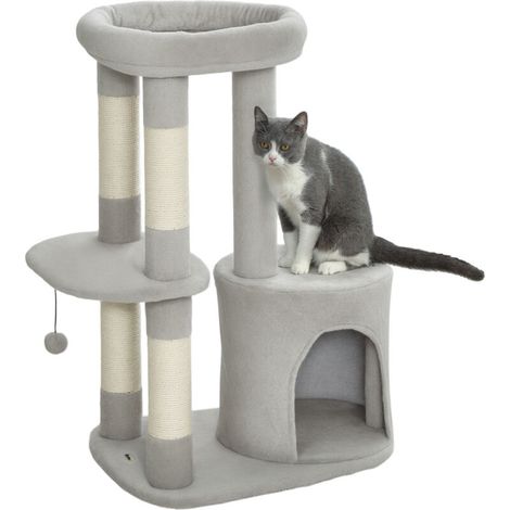 Arbre à chat tour de jeux pour chats griffoirs, plate-forme, niche, balle, tissu peluche, 60 x 45 x 90 cm, gris clair (1/5)