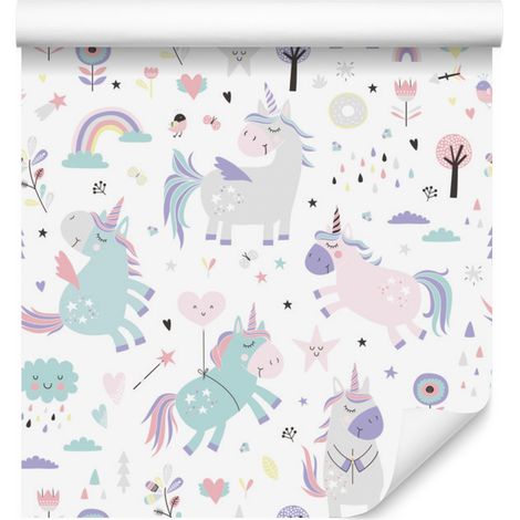 Carta da parati con simpatici unicorni colorati per soggiorno e camera da letto, 50x1000 cm (1/5)