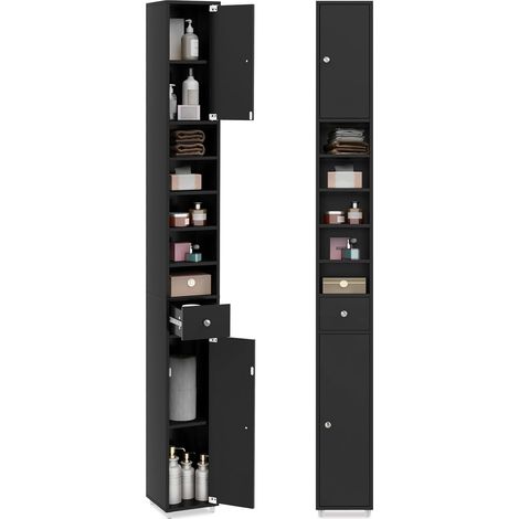 COSTWAY Meuble de Rangement Salle de Bain, Meuble Colonne avec 2 Placards à Porte, 1 Tiroir et 5 Étagères Réglables, Armoire de Toilette, 20 x 20 x 180 cm (Noir) (1/5)