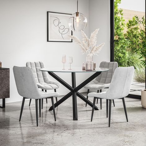 Malvern Round Dining Table And Chairs - Clear Glass Table Top w Solid Black Oak Legs + Nova Velvet Dining Chair Set Of 4 (Grey) (1/5)