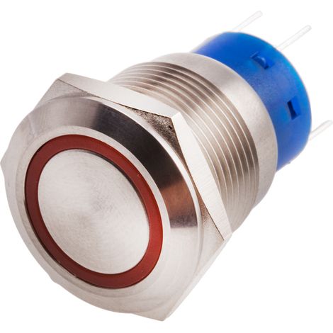 Bouton-poussoir, Momentané lumineux, LED Rouge, Unipolaire à deux directions (1RT), 5 A, Argent, Montage panneau 24V ( Prix pour 1 ) (1/2)
