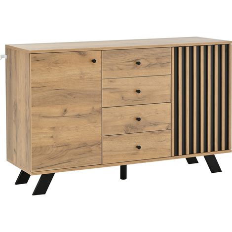 Credenza da soggiorno 120 x 38 x 75 cm in MDF nero e legno naturale con 4 cassetti e 2 vani (1/5)