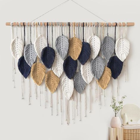 Macramé mural grande tenture bohème, feuille plume, décoration chic pour salon ou chambre. (1/5)