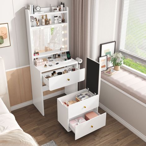 Coiffeuse avec Miroir LED et Tabouret à Roulettes, 10 Ampoules LED, Éclairage Réglable à 3 Couleurs, Multiprise Intégrée, 2 Tiroirs et 4 Étagères de Rangement, Blanc