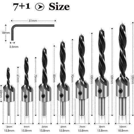 7-teiliges Holzfräser-Set, 5-schneidiges Kegelbohrer-Set aus HSS-Schnellarbeitsstahl, Ahle, Anfaswerkzeug, 3, 4, 5, 6, 7, 8, 10 mm, mit Innensechskantschlüssel (1/3)