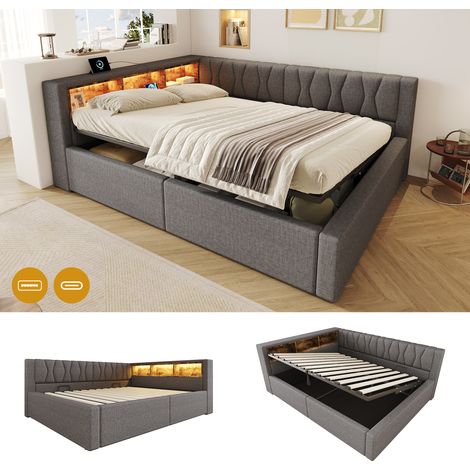 VVBV Lit banquette rembourré, 140 x 200 cm, en mdf, éclairage LED, ports USB et USB-C, prises intégrées, rangements intégrés