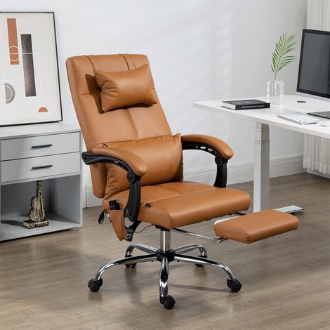 Fauteuil de bureau massant chauffant avec repose-pieds têtière sur roulettes revêtement synthétique marron (1/5)