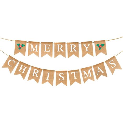 Noël Jute Guirlande,Merry Christmas Guirlande Bannière avec 16 Fanions Carreaux et Baies de Houx pour la Maison Décoration de Noël (1/5)