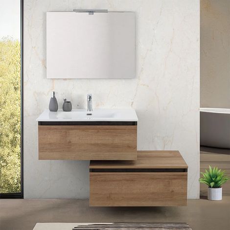 Mobile bagno sospeso 80 cm ossido e rovere con cassetto sfalsato Kleo (1/5)