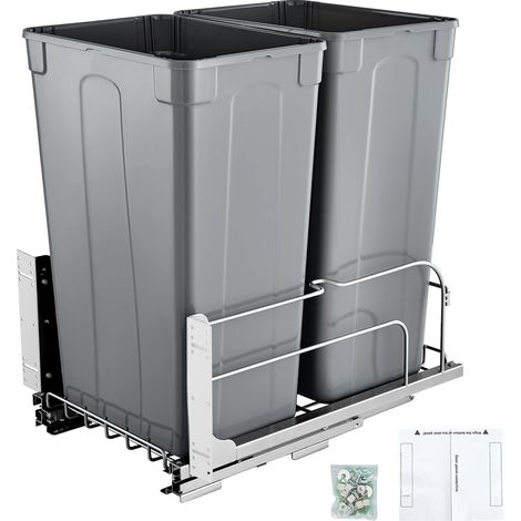 Poubelle Coulissante sous Évier et sous Plan 2x43,4 L, Collecteur de Déchets avec Système Coulissant en Métal à Fermeture Douce, Système de Tri Sélectif Placard Meuble Bas, Cuisine, Gris (1/5)