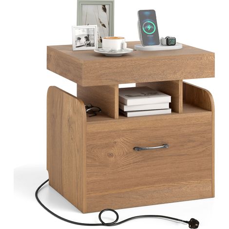 COSTWAY Nightstand Bedside Table with Drawer & Sliding Top Storage-Natural