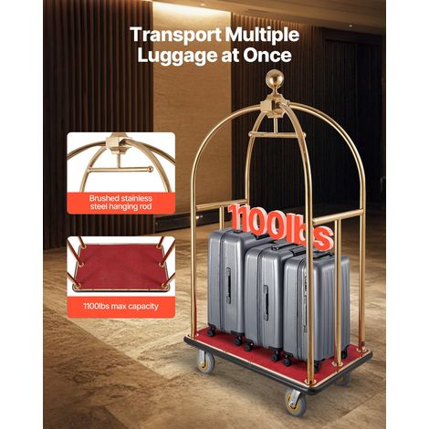 Chariot à Bagages Hôtel, 500 kg, Chariot Porte-bagages Concierge Finition Inox Brossé, Montants Incurvés, avec Moquette Rouge, Roue… (1/5)