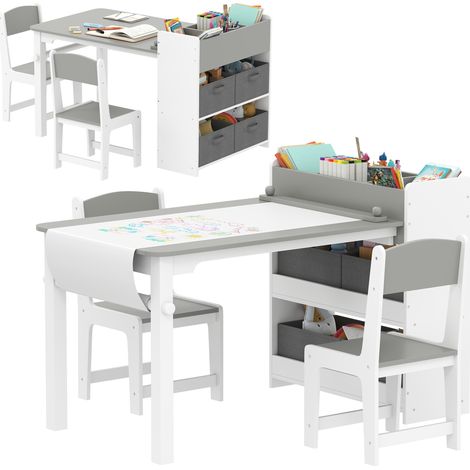 Kinder-Holztisch mit 2 Stühlen, Toilettenpapierrolle, Regalen und Schubladen, für Mädchen und Jungen von 3-8 Jahren, grau
