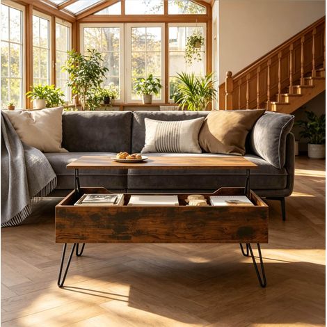 Table basse relevable 95x50x40 cm marron rustique en bois et métal avec rangement dissimulé (1/5)