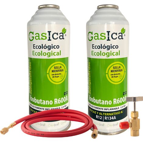 Pack 2 Gasica D2 226g  Sustituto R134a R12  Sella Fugas y Trazador Verde  Gas Ecológico HC  Con Válvula y Manguera