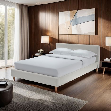 Lit 140x190 cm avec tête de lit en velours côtelé beige et pieds bois