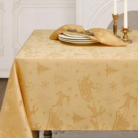 Weihnachts-Tischdecke 140x240 cm Gold abwaschbar mit Hirsch-Motiv