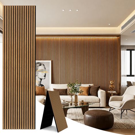 TolleTour Panel acústico de pared listones madera 240x60 cm, roble, plegable, fieltro MDF, revestimiento UV, set 1 piezas, absorbente sonido (1/5)