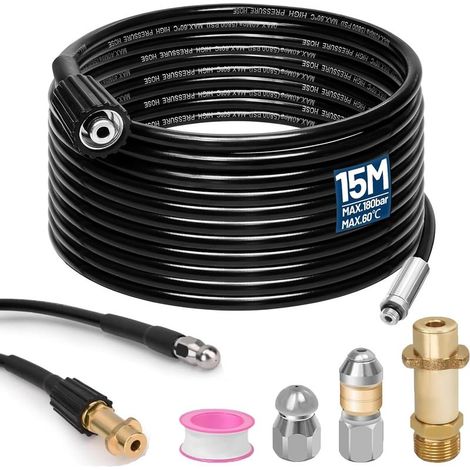 Furet Canalisation 15M 180Bar, Tuyau Nettoyage Haute Pression Buse Rotative, Adaptable Kärcher K2 à K7 (1/5)