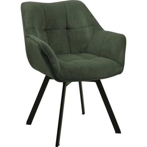 CLP – Chaise de salle à manger Jordi Cord vert – Revêtement en velours côtelé – Coque ergonomique – Piètement métal noir mat – Fonction pivotante 180° (1/5)