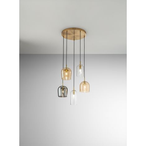 Suspension 5 Lumières, Monture Or Brossé, Verre Multicolore Ambre Transparent Fumée Et Câbles En Tissu Noir, 5Xe14 40W - Marque Perenz Design (1/2)