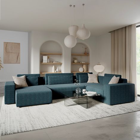 5-Sitzer U-Sofa mit linker Ecke ausklappbar mit Stauraum Lorenzo Blau (1/5)