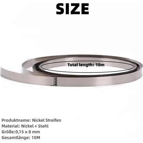 Strisce di nichel 0,15 x 8 mm, 10 m di foglio di nichel per saldatura, strisce di nichel per batterie agli ioni di litio 18650, saldatura a punti, compatibile con saldatrici a punti, accessori per sal (1/5)