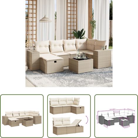 vidaXL Rattanmöbel - 7-tlg. Garten-Sofagarnitur mit Kissen Beige Poly Rattan (1/5)