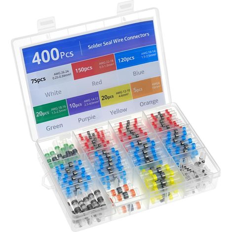 400Pcs Connecteurs de Soudure Étanches en 7 Tailles (26-8 AWG) - Cosses Thermorétractables 3:1, Isolés et Colorés pour Identification Facile, Idéal pour Automobiles et Navires (1/5)