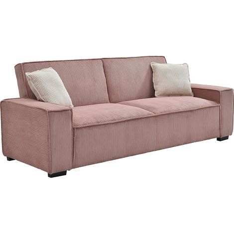 Vente-Unique – Canapé convertible 3 places en velours côtelé rose – Clic-clac avec garnissage mousse recyclée – Dimensions 230x94x87 cm – Charge 360 kg