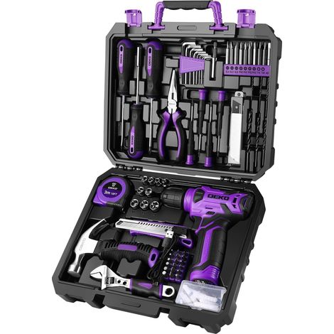 Tool Case with 8V Cordless Multifunction Drill 126 Pieces Tool Case Complete Tool Set with Drill for Repair, Maintenance and Work, Purple (1/5)