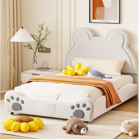 MEUBLIV Lit enfant 140 x 200 cm rembourré en forme d'ours, velours blanc,lit adulte avec sommier à lattes,structure robuste et confortable (1/5)