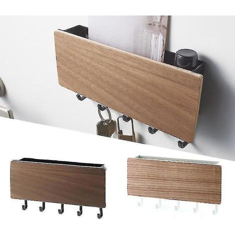 Porte-clés mural avec crochets, support de rangement pour clés de porte, étagère de rangement en bois pour divers objets, porte-clés suspendu noir (1/3)
