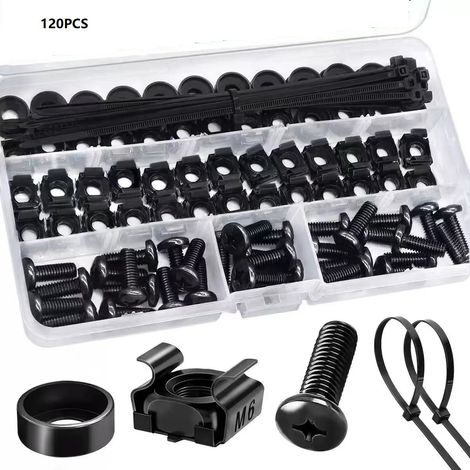 Befestigungsschraube für Serverschränke – Kronenschraube mit integrierter Unterlegscheibe und schwarzer verzinkter Käfigmutter, M6, 120 Stück pro Packung (1/3)