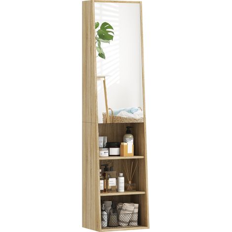 Meuble salle de bain colonne trapézoïdal avec porte miroir, étagère à 6 niveaux, 40 x 30 x 165 cm