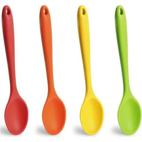 Cuillères en silicone - Lot de 4 - Rouge, Orange, Vert, Jaune - Anti-adhésif - Résistantes à la chaleur