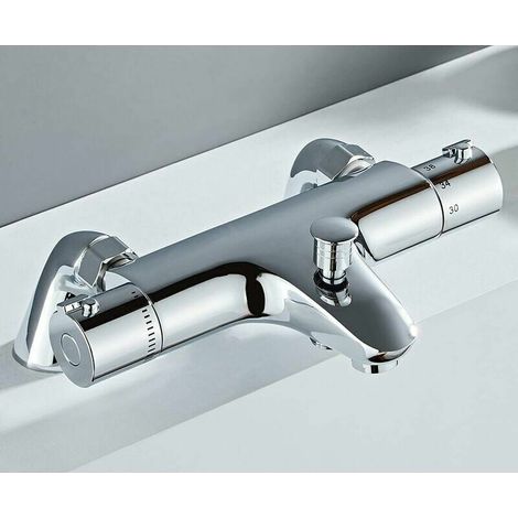 Mitigeur Baignoire Thermostatique, Robinet Thermostatique Baignoire, Mitigeur de Douche pour Baignoire avec Contrôle de la Température, Laiton, Finition Chromée, Monté sur Baignoire Mitigeur Thermosta