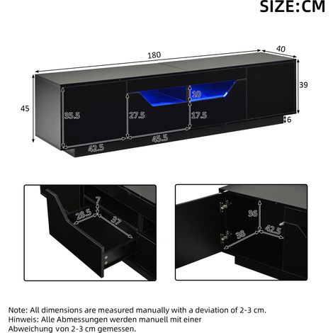 Mueble para TV de 1804045 cm, aparador bajo con 2 cajones y 2 armarios, mueble para TV de alto brillo con luces LED, tablero para TV, mesa para TV, apto para televisores de 75 pulgadas, color negro. (1/5)