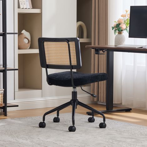 Chaise de bureau vintage en rotin avec roulettes, assise en tissu chenille, cadre en bois noir (1/5)