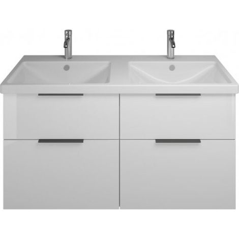 Burgbad Eqio Keramik-Doppelwaschtisch mit Unterschrank 123 cm, mit Mittelsteg und 4 Auszügen, Griffl Weiß Hochglanz/Alpinweiss Schwarz matt (1/4)