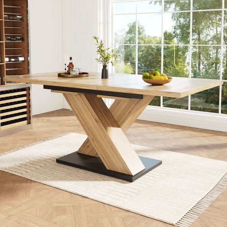 Table à manger extensible 119-158,5x80 cm, table de cuisine effet bois naturel, plateau télescopique, pieds croisés, table moderne pour 6-8 personnes (1/5)