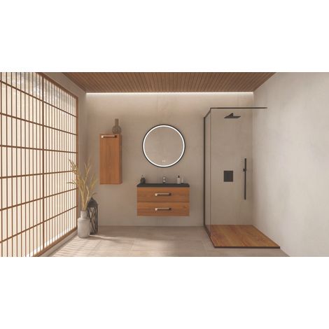 ONDEE - Mueble de baño colgante LENCA - 90 cm - Madera miel - Espejo ALEXINE (1/4)