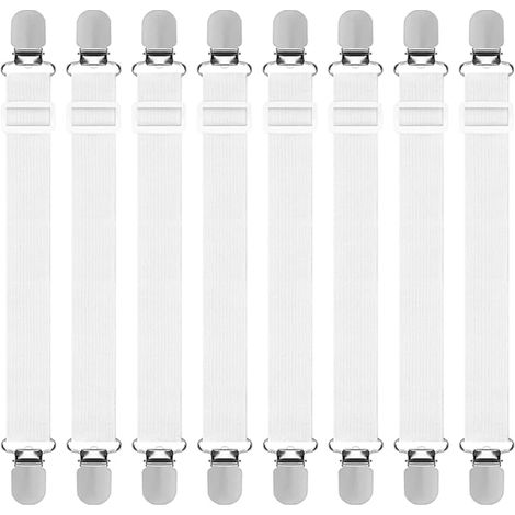 Set of 8 Fitted Sheet Adjusters, Adjustable Elastic Sheet Straps, Adjustable Sheet Tensioners with Metal Clips, for Bed or Corner Sofa, Armchair, Cushion, Mattress (White) (1/5)