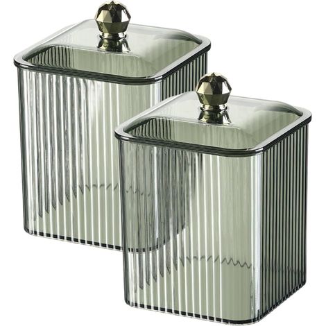2 Porte-coton-tige, Conteneur PET vert transparent avec couvercle anti-poussière pour salle de bain et salon
