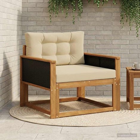 Canapé de jardin en bois d’acacia massif avec coussins beige, naturel, 1 place - PANGIVO (1/5)