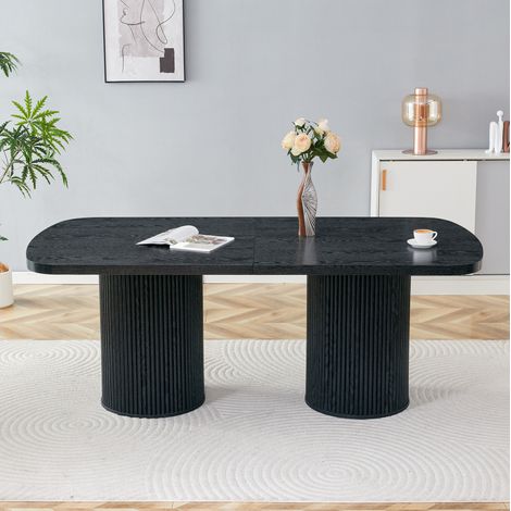 Mesa de comedor ovalada negra, estilo Wabi-Sabi, base acanalada efecto madera, para 6-8 personas (1/5)