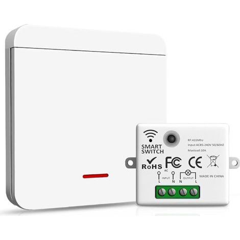 Interrupteur sans fil 433MHz – 1 interrupteur et 1 récepteur 10A, installation facile, interrupteur radio sans fil et sans pile, télécommande d’éclairage à distance pour usage domestique