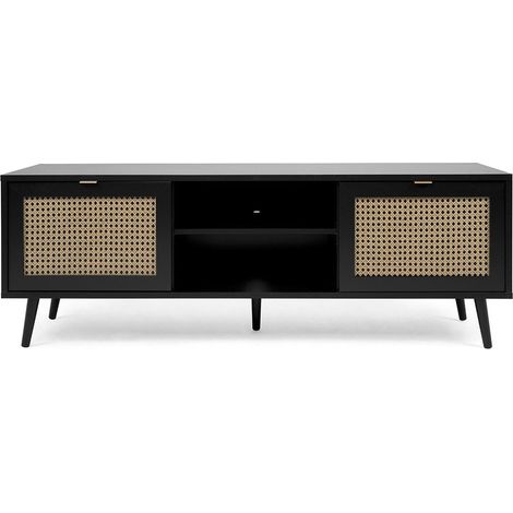 Calicosy – Meuble TV noir 2 portes avec compartiment ouvert – Façades effet osier – Dimensions 150x40x52h cm – Trou de câble intégré - Vienna56A (1/6)
